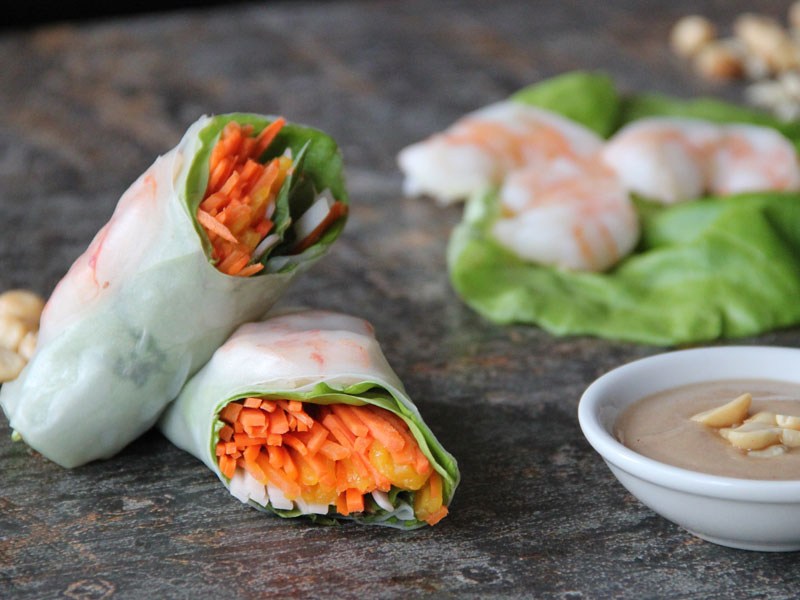 Shrimp Spring Rolls Served With A Peanut Butter Sauce